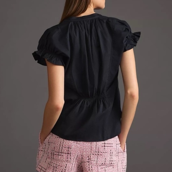 Anthropologie Pilcro The Tatum Top Poplin Black Puff Sleeve Blouse Sz Medium - Picture 2 of 12